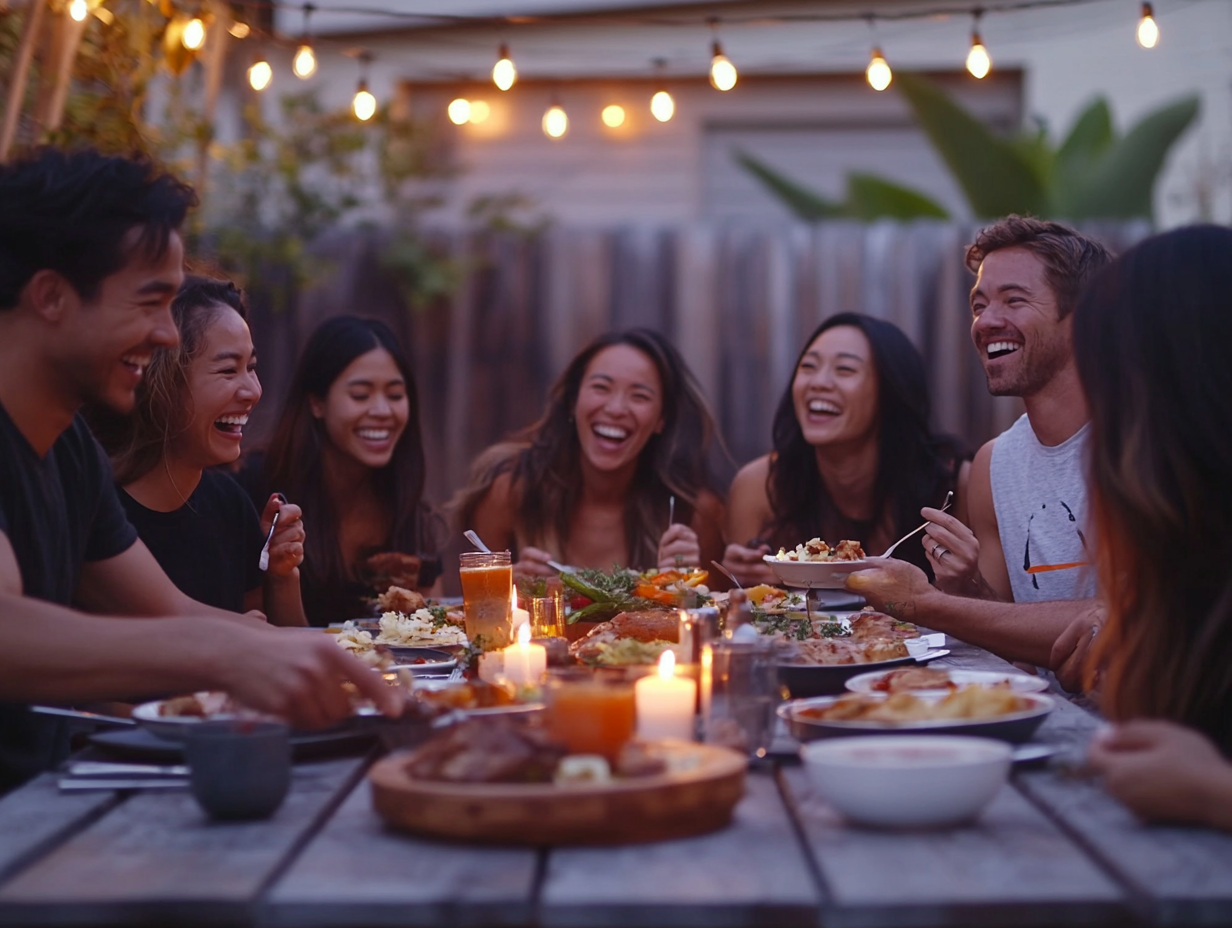 Friends enjoying dinner together outdoors