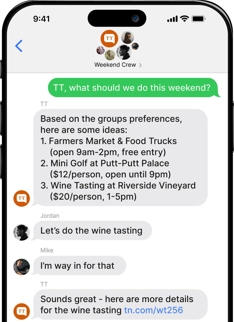 TimeTogether group conversation showing activity suggestions