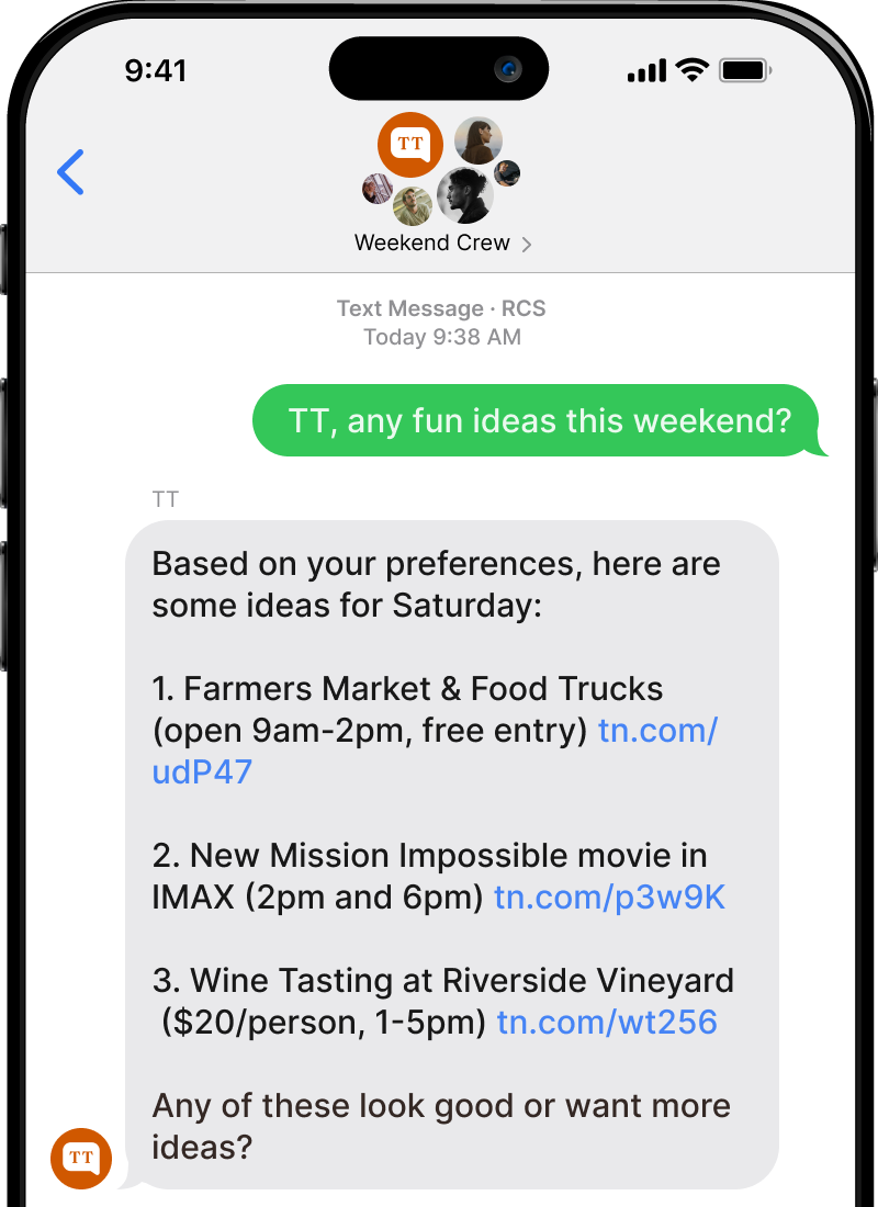 TimeTogether group chat interface showing activity suggestions