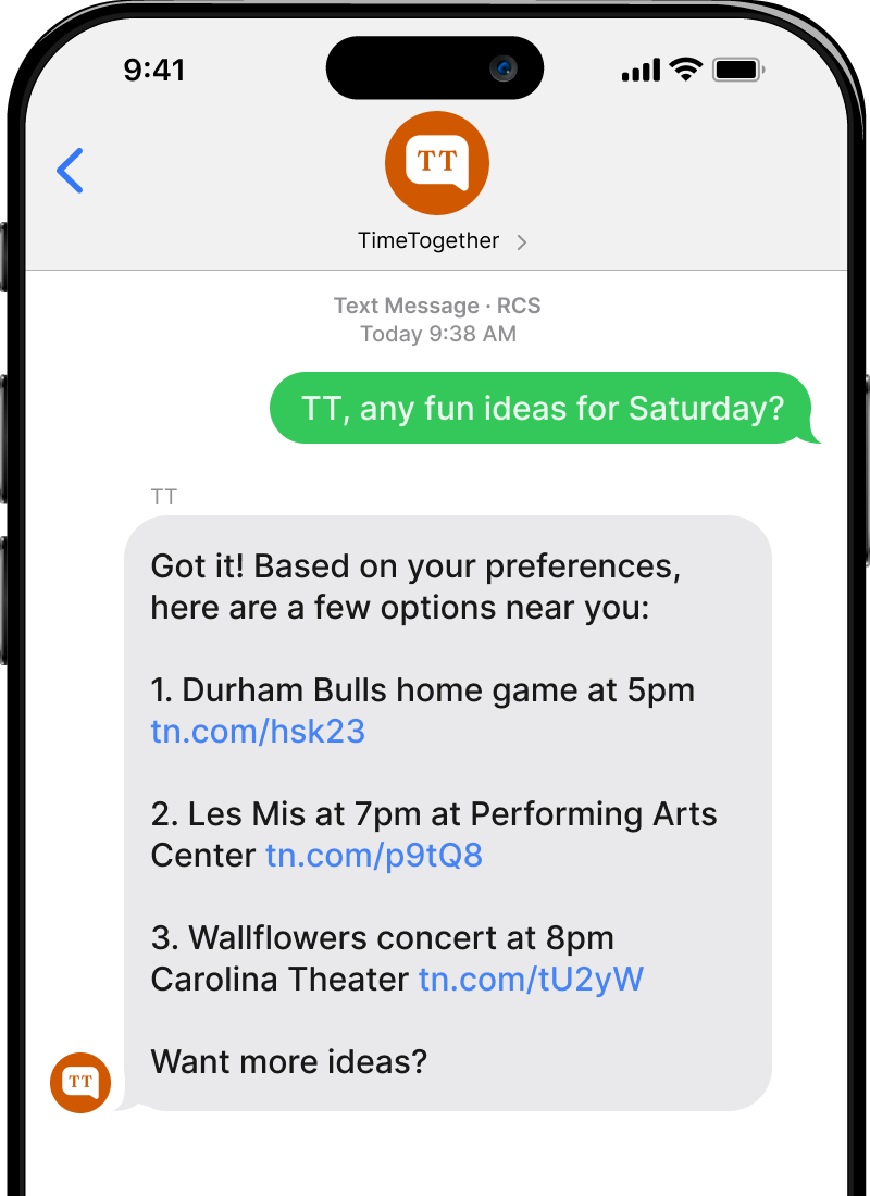 TimeTogether mobile conversation showing activity suggestions